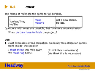 The forms of must are the same for all persons.
Questions with must are possible, but have to is more common.
When do they have to finish the project?
Use
1 Must expresses strong obligation. Generally this obligation comes
from ‘inside’ the speaker.
I must throw this milk away.
We must ring home.
8.4 must
(I think this is necessary)
(We think this is necessary)
I
You/We/They
He/She
must
mustn’t
get a new phone.
be late.
© Oxford University Press
 