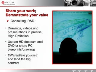 Share your work;  Demonstrate your value Consulting, R&D Drawings, videos and presentations in precise High Definition Use an HD doc cam and DVD or share PC blueprints/drawings Differentiate yourself  and land the big contract 