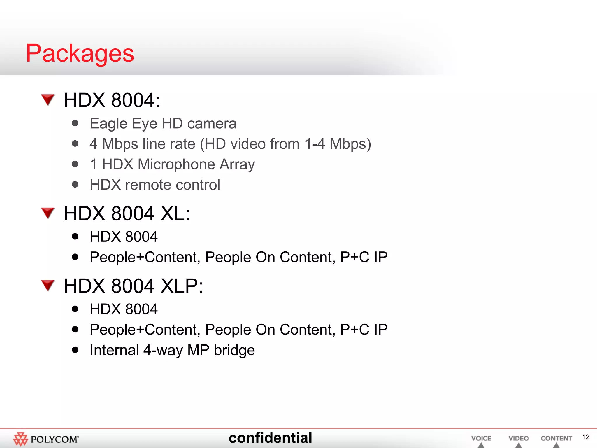 Packages HDX 8004: Eagle Eye HD camera 4 Mbps line rate (HD video from 1-4 Mbps) 1 HDX Microphone Array HDX remote control HDX 8004 XL: HDX 8004 People+Content, People On Content, P+C IP HDX 8004 XLP: HDX 8004  People+Content, People On Content, P+C IP Internal 4-way MP bridge 