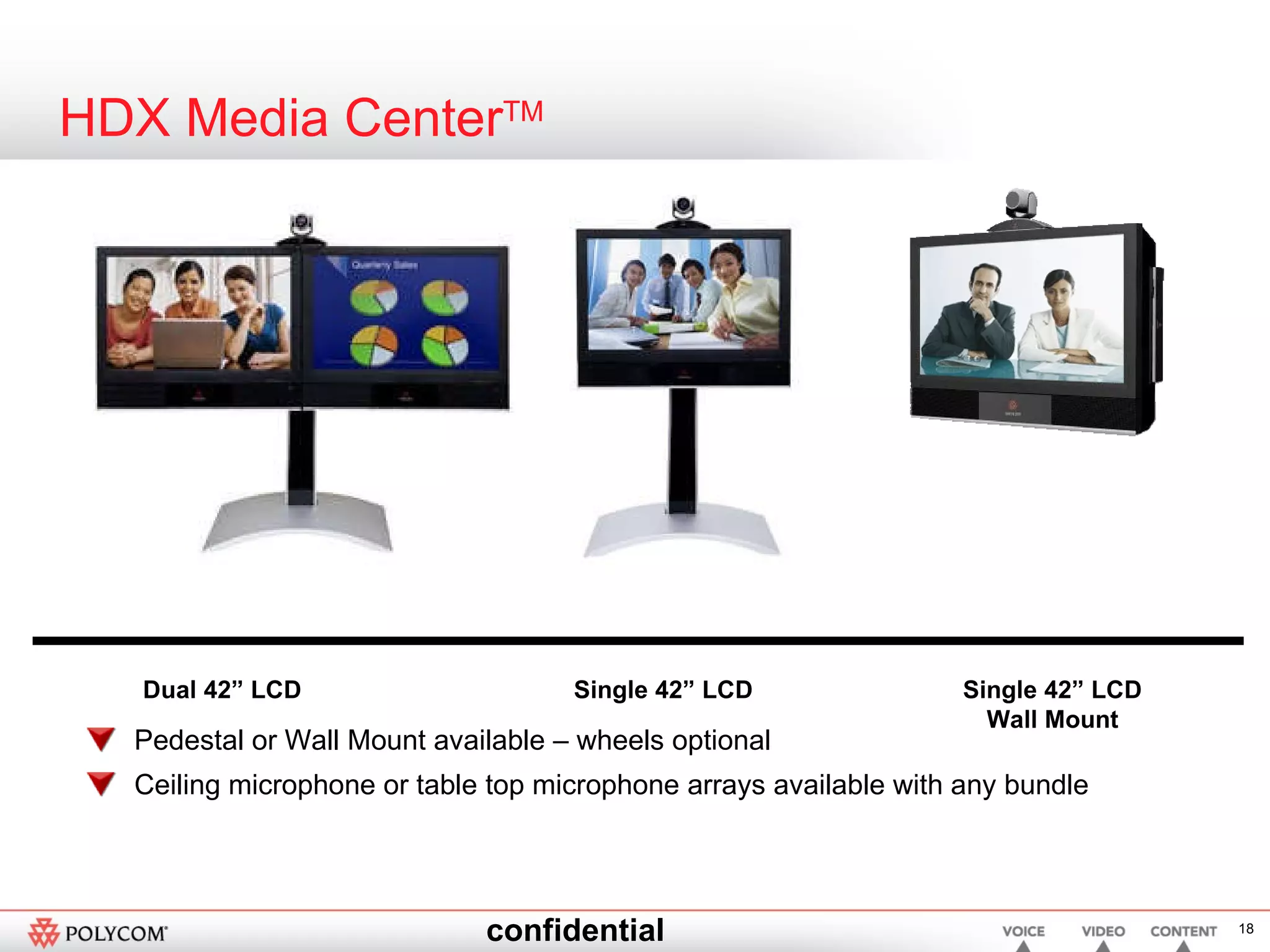 HDX Media Center TM Pedestal or Wall Mount available – wheels optional Ceiling microphone or table top microphone arrays available with any bundle Dual 42” LCD Single 42” LCD Single 42” LCD Wall Mount 
