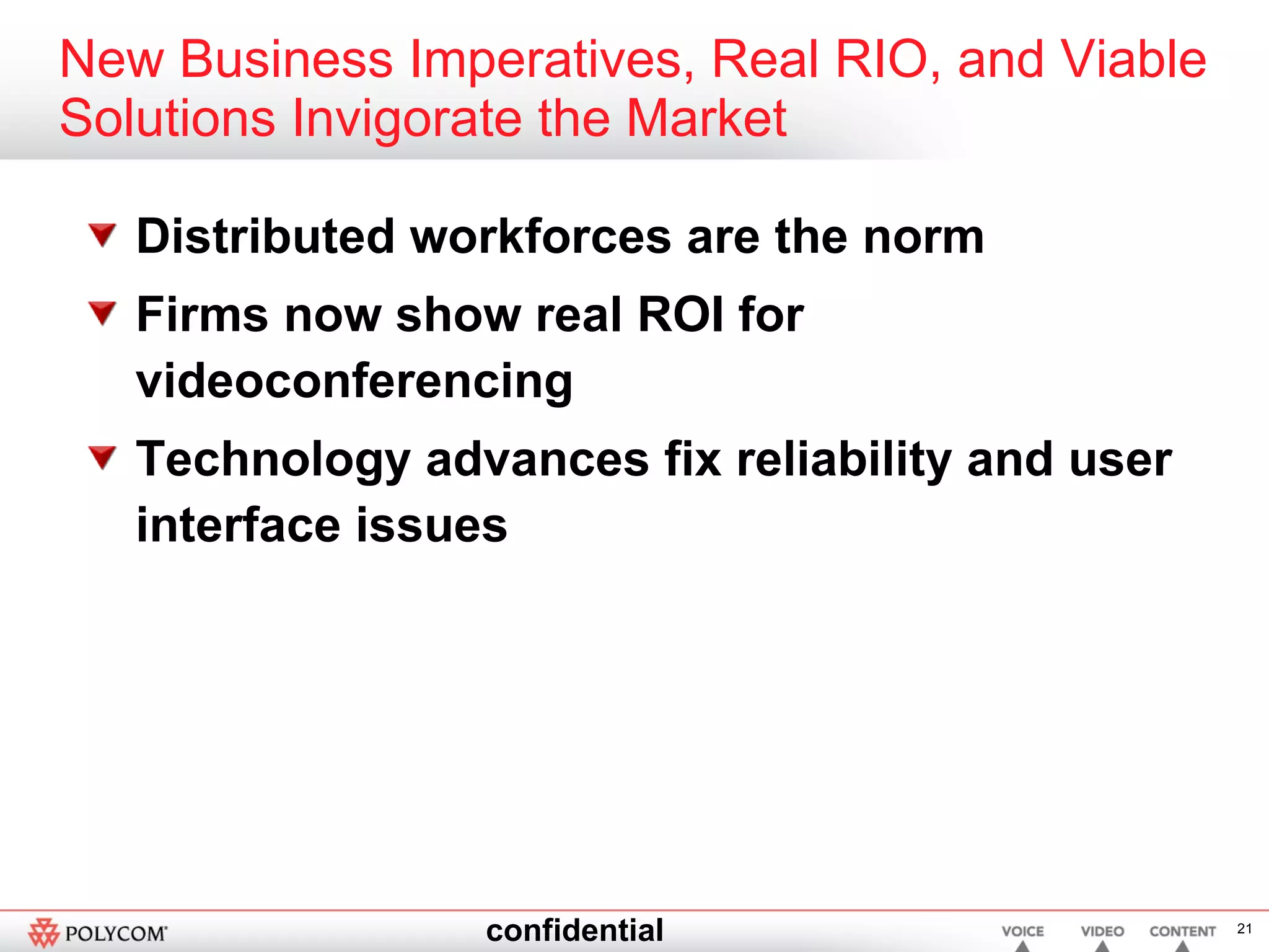 New Business Imperatives, Real RIO, and Viable Solutions Invigorate the Market Distributed workforces are the norm Firms now show real ROI for videoconferencing Technology advances fix reliability and user interface issues 