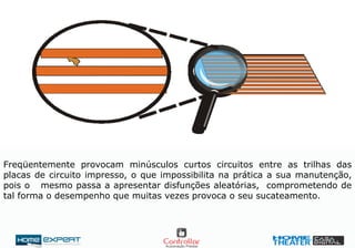 Freqüentemente provocam minúsculos curtos circuitos entre as trilhas das
placas de circuito impresso, o que impossibilita na prática a sua manutenção,
pois o mesmo passa a apresentar disfunções aleatórias, comprometendo de
tal forma o desempenho que muitas vezes provoca o seu sucateamento.
 