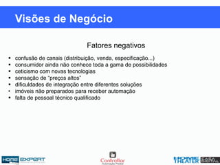 Fatores negativos
 confusão de canais (distribuição, venda, especificação...)
 consumidor ainda não conhece toda a gama de possibilidades
 ceticismo com novas tecnologias
 sensação de “preços altos”
 dificuldades de integração entre diferentes soluções
• imóveis não preparados para receber automação
 falta de pessoal técnico qualificado
Visões de Negócio
 