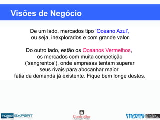 De um lado, mercados tipo ‘Oceano Azul’,
ou seja, inexplorados e com grande valor.
Do outro lado, estão os Oceanos Vermelhos,
os mercados com muita competição
(‘sangrentos’), onde empresas tentam superar
seus rivais para abocanhar maior
fatia da demanda já existente. Fique bem longe destes.
Visões de Negócio
 