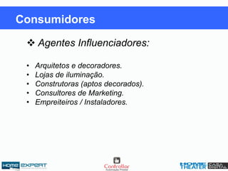  Agentes Influenciadores:
• Arquitetos e decoradores.
• Lojas de iluminação.
• Construtoras (aptos decorados).
• Consultores de Marketing.
• Empreiteiros / Instaladores.
Consumidores
 