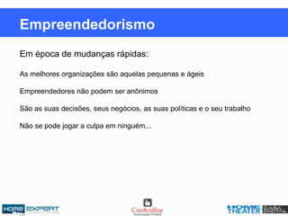 Em época de mudanças rápidas:
As melhores organizações são aquelas pequenas e ágeis
Empreendedores não podem ser anônimos
São as suas decisões, seus negócios, as suas políticas e o seu trabalho
Não se pode jogar a culpa em ninguém...
Empreendedorismo
 