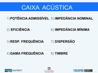 1)POTÊNCIA ADMISSÍVEL
2) EFICIÊNCIA
3)RESP. FREQUÊNCIA
4)GAMA FREQUÊNCIA
5) IMPEDÂNCIA NOMINAL
6) IMPEDÂNCIA MÍNIMA
7) DISPERSÃO
8) TIMBRE
CAIXA ACÚSTICA
 