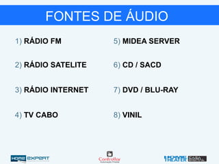 1) RÁDIO FM
2) RÁDIO SATELITE
3) RÁDIO INTERNET
4) TV CABO
5) MIDEA SERVER
6) CD / SACD
7) DVD / BLU-RAY
8) VINIL
FONTES DE ÁUDIO
 