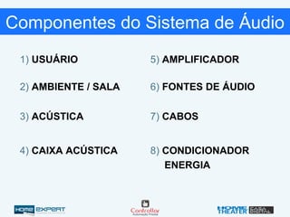 1) USUÁRIO
2) AMBIENTE / SALA
3) ACÚSTICA
4) CAIXA ACÚSTICA
5) AMPLIFICADOR
6) FONTES DE ÁUDIO
7) CABOS
8) CONDICIONADOR
ENERGIA
Componentes do Sistema de Áudio
 
