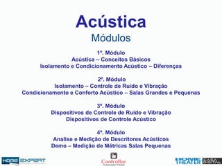 1º. Módulo
Acústica – Conceitos Básicos
Isolamento e Condicionamento Acústico – Diferenças
2º. Módulo
Isolamento – Controle de Ruído e Vibração
Condicionamento e Conforto Acústico – Salas Grandes e Pequenas
3º. Módulo
Dispositivos de Controle de Ruído e Vibração
Dispositivos de Controle Acústico
4º. Módulo
Analise e Medição de Descritores Acústicos
Demo – Medição de Métricas Salas Pequenas
Acústica
Módulos
 