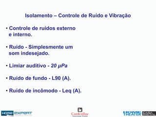 Isolamento – Controle de Ruído e Vibração
• Controle de ruídos externo
e interno.
• Ruído - Simplesmente um
som indesejado.
• Limiar auditivo - 20 μPa
• Ruído de fundo - L90 (A).
• Ruído de incômodo - Leq (A).
 