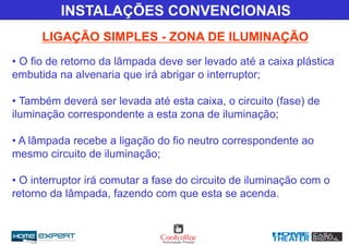 LIGAÇÃO SIMPLES - ZONA DE ILUMINAÇÃO
INSTALAÇÕES CONVENCIONAIS
• O fio de retorno da lâmpada deve ser levado até a caixa plástica
embutida na alvenaria que irá abrigar o interruptor;
• Também deverá ser levada até esta caixa, o circuito (fase) de
iluminação correspondente a esta zona de iluminação;
• A lâmpada recebe a ligação do fio neutro correspondente ao
mesmo circuito de iluminação;
• O interruptor irá comutar a fase do circuito de iluminação com o
retorno da lâmpada, fazendo com que esta se acenda.
 