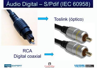 Áudio Digital – S/Pdif (IEC 60958)
Toslink (óptico)
RCA
Digital coaxial
 