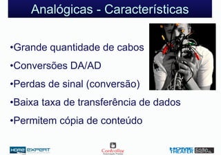 Analógicas - Características
•Grande quantidade de cabos
•Conversões DA/AD
•Perdas de sinal (conversão)
•Baixa taxa de transferência de dados
•Permitem cópia de conteúdo
 