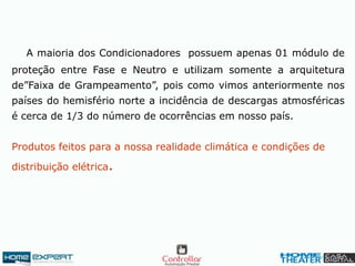 A maioria dos Condicionadores possuem apenas 01 módulo de
proteção entre Fase e Neutro e utilizam somente a arquitetura
de”Faixa de Grampeamento”, pois como vimos anteriormente nos
países do hemisfério norte a incidência de descargas atmosféricas
é cerca de 1/3 do número de ocorrências em nosso país.
Produtos feitos para a nossa realidade climática e condições de
distribuição elétrica.
 