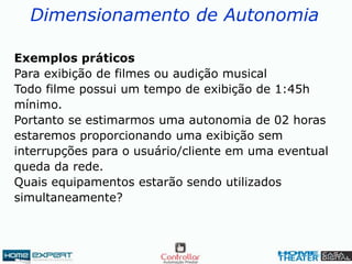 Dimensionamento de Autonomia
Exemplos práticos
Para exibição de filmes ou audição musical
Todo filme possui um tempo de exibição de 1:45h
mínimo.
Portanto se estimarmos uma autonomia de 02 horas
estaremos proporcionando uma exibição sem
interrupções para o usuário/cliente em uma eventual
queda da rede.
Quais equipamentos estarão sendo utilizados
simultaneamente?
 