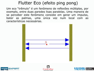 Um eco “trêmulo” é um fenômeno de reflexões múltiplas, por
exemplo, entre duas paredes lisas paralelas. Uma maneira de
se perceber este fenômeno consiste em gerar um impulso,
bater as palmas, uma única vez num local com as
características necessárias.
Flutter Eco (efeito ping pong)
 