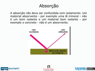 A absorção não deve ser confundida com isolamento. Um
material absorvente - por exemplo uma lã mineral - não
é um bom isolante e um material bom isolante - por
exemplo o concreto - não é um absorvente.
Absorção
 