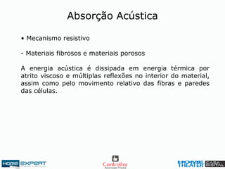 Absorção Acústica
• Mecanismo resistivo
- Materiais fibrosos e materiais porosos
A energia acústica é dissipada em energia térmica por
atrito viscoso e múltiplas reflexões no interior do material,
assim como pelo movimento relativo das fibras e paredes
das células.
 