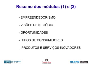 Resumo dos módulos (1) e (2)
- EMPREENDEDORISMO
- VISÕES DE NEGÓCIO
- OPORTUNIDADES
- TIPOS DE CONSUMIDORES
- PRODUTOS E SERVIÇOS INOVADORES
 