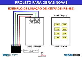PROJETO PARA OBRAS NOVAS
VISTA TRASEIRA
CAIXA K17 (4X2)
K17.1 K17.2
K17.3 K17.4
K17.5 K17.6
K17.7 K17.8
+ - A B
Alim.
DC
Rede
RS-485
VISTA FRONTAL
Cabo de 2 pares trançados
(4 vias)
EXEMPLO DE LIGAÇÃO DE KEYPADS (RS-485)
 