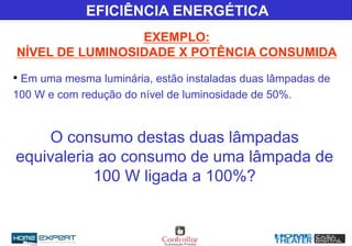 • Em uma mesma luminária, estão instaladas duas lâmpadas de
100 W e com redução do nível de luminosidade de 50%.
O consumo destas duas lâmpadas
equivaleria ao consumo de uma lâmpada de
100 W ligada a 100%?
EFICIÊNCIA ENERGÉTICA
EXEMPLO:
NÍVEL DE LUMINOSIDADE X POTÊNCIA CONSUMIDA
 