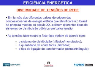 • Em função dos diferentes países de origem das
concessionárias de energia elétrica que eletrificaram o Brasil
na primeira metáde do século XX, existem diferentes tipos de
sistemas de distribuição públicos em baixa tensão;
• As tensões fase-neutro e fase-fase variam de acordo com:
• o sistema de distribuição (trifásico/monofásico);
• a quantidade de condutores utilizados;
• o tipo de ligação do transformador (estrela/triângulo).
EFICIÊNCIA ENERGÉTICA
DIVERSIDADE DE TENSÕES DE REDE
 
