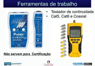 Ferramentas de trabalho
• Testador de continuidade
• Cat5, Cat6 e Coaxial
Não servem para Certificação
 