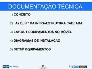 DOCUMENTAÇÃO TÉCNICA
1) CONCEITO
3) LAY-OUT EQUIPAMENTOS NO MÓVEL
2) “As Built” DA INFRA-ESTRUTURA CABEADA
4) DIAGRAMAS DE INSTALAÇÃO
5) SETUP EQUIPAMENTOS
 
