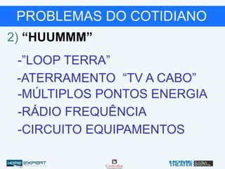 PROBLEMAS DO COTIDIANO
2) “HUUMMM”
-”LOOP TERRA”
-ATERRAMENTO “TV A CABO”
-MÚLTIPLOS PONTOS ENERGIA
-RÁDIO FREQUÊNCIA
-CIRCUITO EQUIPAMENTOS
 