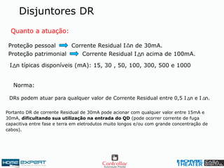 Disjuntores DR
Quanto a atuação:
Norma:
Portanto DR de corrente Residual de 30mA pode acionar com qualquer valor entre 15mA e
30mA, dificultando sua utilização na entrada do QD (pode ocorrer corrente de fuga
capacitiva entre fase e terra em eletrodutos muito longos e/ou com grande concentração de
cabos).
DRs podem atuar para qualquer valor de Corrente Residual entre 0,5 I n e I n.
Proteção pessoal Corrente Residual I n de 30mA.
Proteção patrimonial Corrente Residual I n acima de 100mA.
I n típicas disponíveis (mA): 15, 30 , 50, 100, 300, 500 e 1000
 