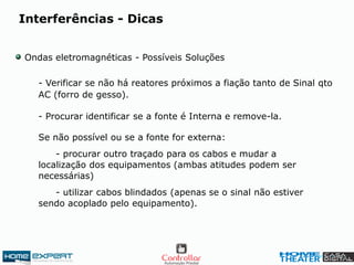 Interferências - Dicas
- Procurar identificar se a fonte é Interna e remove-la.
Se não possível ou se a fonte for externa:
- procurar outro traçado para os cabos e mudar a
localização dos equipamentos (ambas atitudes podem ser
necessárias)
- utilizar cabos blindados (apenas se o sinal não estiver
sendo acoplado pelo equipamento).
Ondas eletromagnéticas - Possíveis Soluções
- Verificar se não há reatores próximos a fiação tanto de Sinal qto
AC (forro de gesso).
 