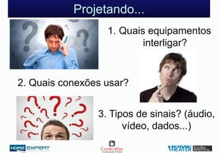 Projetando...
2. Quais conexões usar?
1. Quais equipamentos
interligar?
3. Tipos de sinais? (áudio,
vídeo, dados...)
 