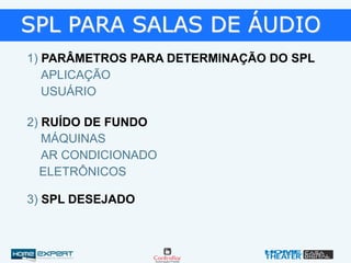 SPL PARA SALAS DE ÁUDIO
1) PARÂMETROS PARA DETERMINAÇÃO DO SPL
3) SPL DESEJADO
2) RUÍDO DE FUNDO
APLICAÇÃO
USUÁRIO
MÁQUINAS
AR CONDICIONADO
ELETRÔNICOS
 