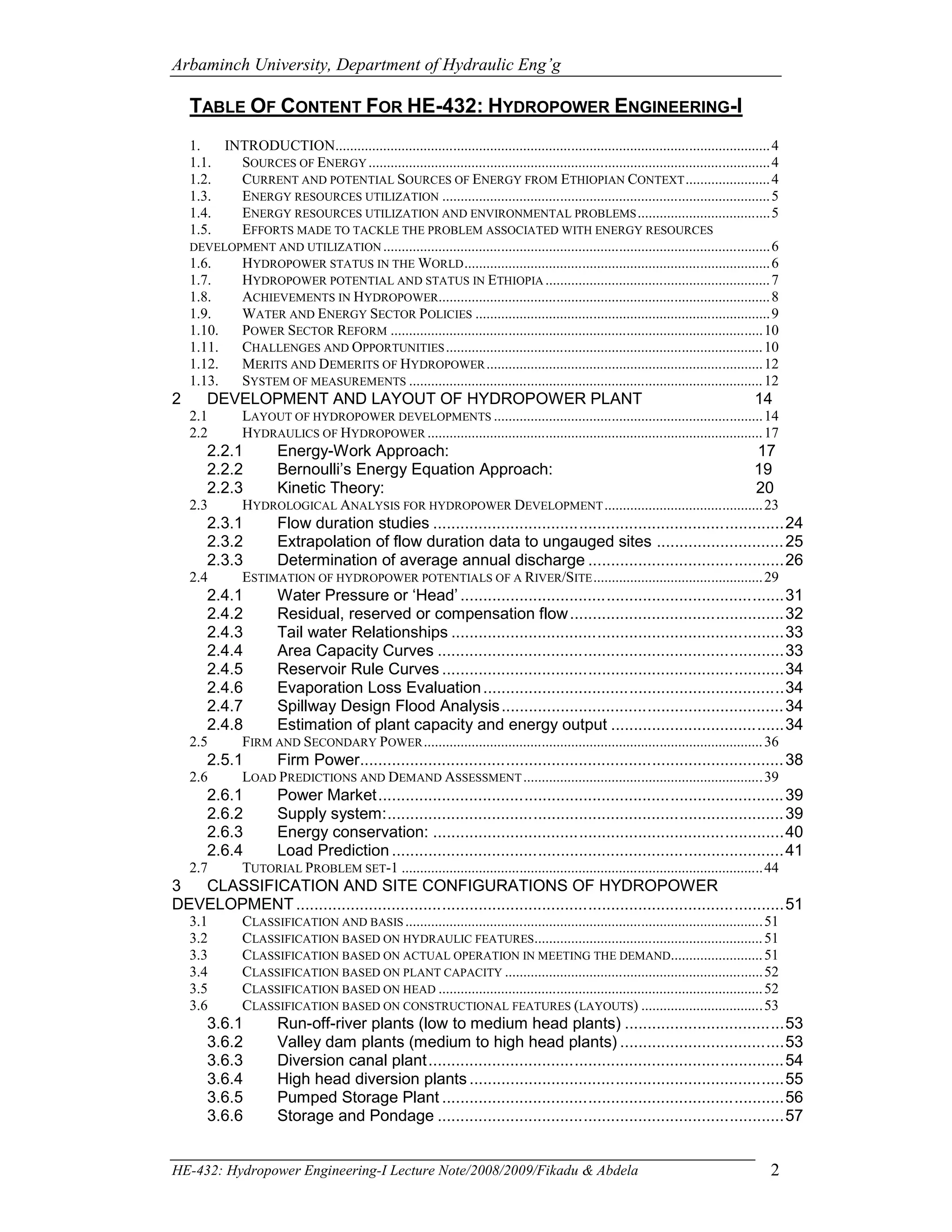 He 416 Hydropower Engg I Lecture Note Pdf