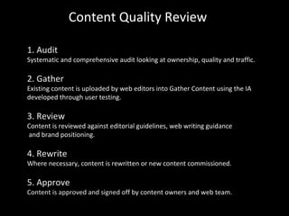 1. Audit
Systematic and comprehensive audit looking at ownership, quality and traffic.
2. Gather
Existing content is uploaded by web editors into Gather Content using the IA
developed through user testing.
3. Review
Content is reviewed against editorial guidelines, web writing guidance
and brand positioning.
4. Rewrite
Where necessary, content is rewritten or new content commissioned.
5. Approve
Content is approved and signed off by content owners and web team.
Content Quality Review
 
