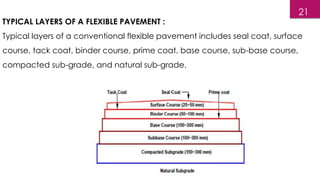 TYPICAL LAYERS OF A FLEXIBLE PAVEMENT :
Typical layers of a conventional flexible pavement includes seal coat, surface
course, tack coat, binder course, prime coat, base course, sub-base course,
compacted sub-grade, and natural sub-grade.
21
 