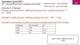 Equivalency factor (EF) :
EF = (Actual Wheel load / standard wheel load)4
Gives the % of damage
Example: actual wheel load =3800 kg flexible pavement, standard wheel load = ?
EF = ? 0.74
Example 2: actual axle load = 9000 kg, standard axle load = ? EF = ? 1.45
Example 3: total number of vehicles in terms of standard wheel load? (595 veh/day)
Load range No of veh/day EF
4100 300 1
5200 100 2.59
3800 50 0.74
Standard axle load = [ axle load/8200]4
Tandom axle load = [axle load/14500]4
Total = 300x1+100x2.59+50x0.74
= 595
36
 