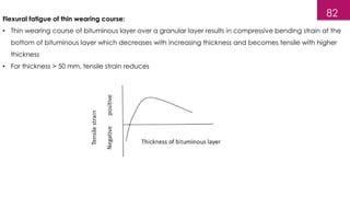 Flexural fatigue of thin wearing course:
• Thin wearing course of bituminous layer over a granular layer results in compressive bending strain at the
bottom of bituminous layer which decreases with increasing thickness and becomes tensile with higher
thickness
• For thickness > 50 mm, tensile strain reduces
82
 