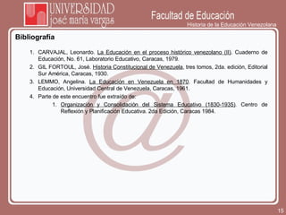Historia de la Educación Venezolana Bibliografía CARVAJAL, Leonardo.  La Educación en el proceso histórico venezolano (II) . Cuaderno de Educación, No. 61, Laboratorio Educativo, Caracas, 1979. GIL FORTOUL, José.  Historia Constitucional de Venezuela , tres tomos, 2da. edición, Editorial Sur América, Caracas, 1930. LEMMO, Angelina.  La Educación en Venezuela en 1870 . Facultad de Humanidades y Educación, Universidad Central de Venezuela, Caracas, 1961. Parte de este encuentro fue extraído de: Organización y Consolidación del Sistema Educativo (1830-1935) . Centro de Reflexión y Planificación Educativa. 2da Edición, Caracas 1984. 
