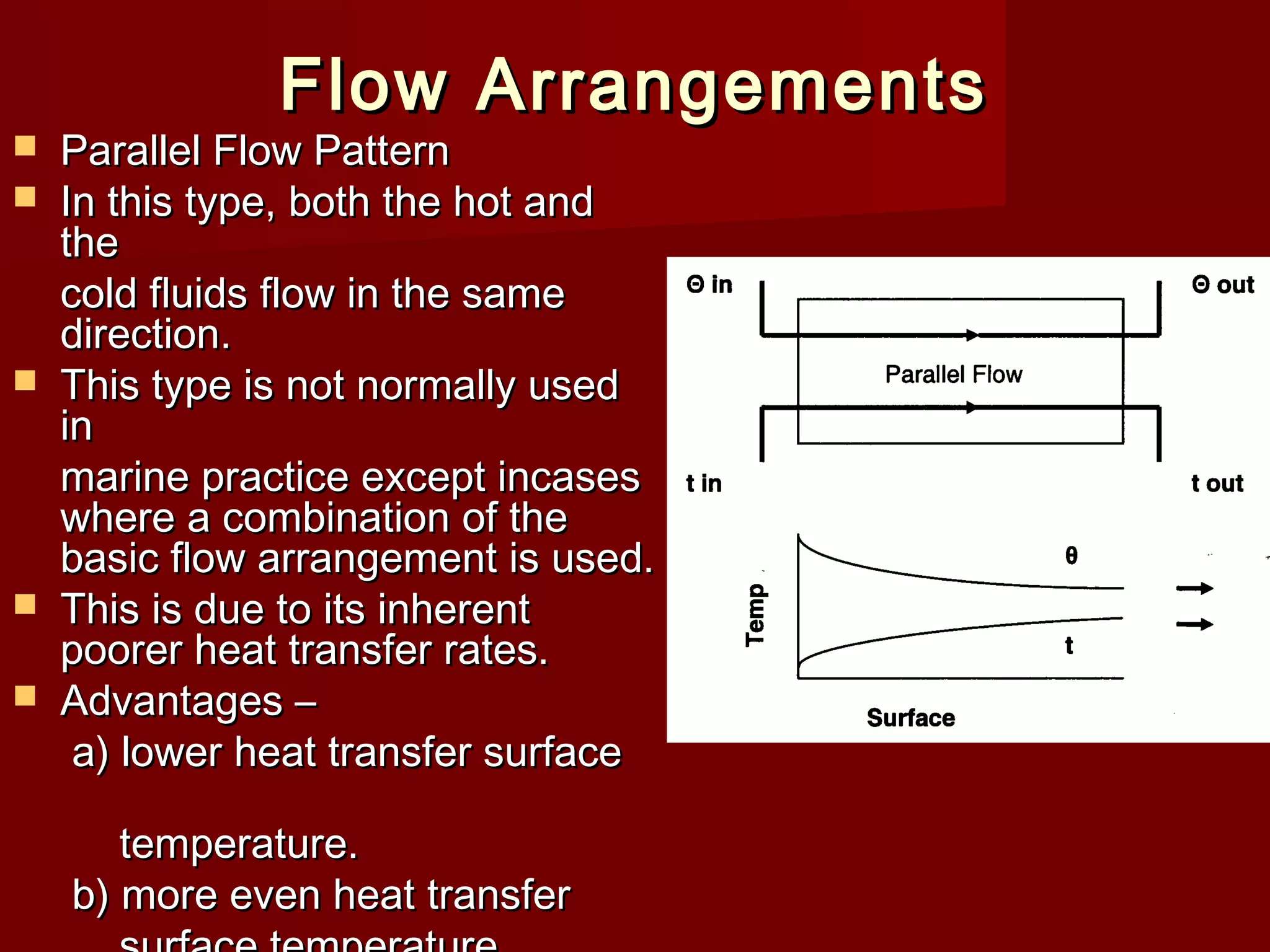 Flow ArrangementsFlow Arrangements
 Parallel Flow PatternParallel Flow Pattern
 In this type, both the hot andIn this type, both the hot and
thethe
cold fluids flow in the samecold fluids flow in the same
direction.direction.
 This type is not normally usedThis type is not normally used
inin
marine practice except incasesmarine practice except incases
where a combination of thewhere a combination of the
basic flow arrangement is used.basic flow arrangement is used.
 This is due to its inherentThis is due to its inherent
poorer heat transfer rates.poorer heat transfer rates.
 Advantages –Advantages –
a) lower heat transfer surfacea) lower heat transfer surface
temperature.temperature.
b) more even heat transferb) more even heat transfer
 