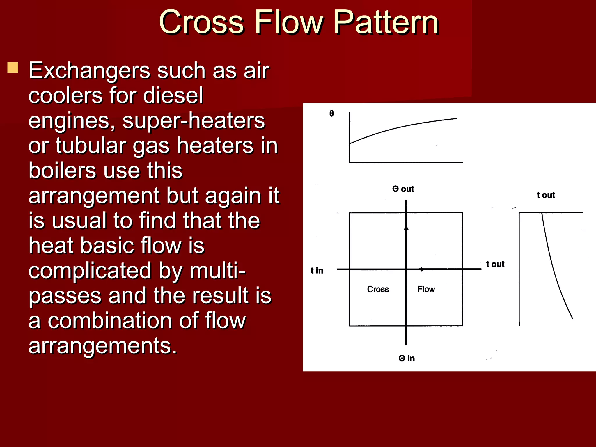 Cross Flow PatternCross Flow Pattern
 Exchangers such as airExchangers such as air
coolers for dieselcoolers for diesel
engines, super-heatersengines, super-heaters
or tubular gas heaters inor tubular gas heaters in
boilers use thisboilers use this
arrangement but again itarrangement but again it
is usual to find that theis usual to find that the
heat basic flow isheat basic flow is
complicated by multi-complicated by multi-
passes and the result ispasses and the result is
a combination of flowa combination of flow
arrangements.arrangements.
 