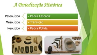 A Periodização Histórica
Paleolítico • Pedra Lascada
Mesolítico • Transição
Neolítico • Pedra Polida
 