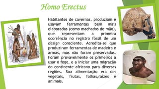 Homo Erectus
Habitantes de cavernas, produziam e
usavam ferramentas bem mais
elaboradas (como machados de mão),
que representam a primeira
ocorrência no registro fóssil de um
design consciente. Acredita-se que
produziram ferramentas de madeira e
armas, mas não foram preservadas.
Foram provavelmente os primeiros a
usar o fogo, e a iniciar uma migração
do continente africano para diversas
regiões. Sua alimentação era de:
vegetais, frutas, folhas,raízes e
animais.
 