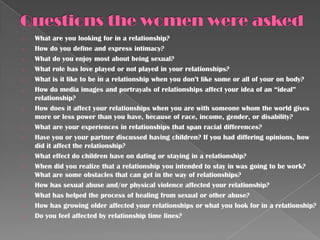 o   What are you looking for in a relationship?
o   How do you define and express intimacy?
o   What do you enjoy most about being sexual?
o   What role has love played or not played in your relationships?
o   What is it like to be in a relationship when you don’t like some or all of your on body?
o   How do media images and portrayals of relationships affect your idea of an “ideal”
    relationship?
o   How does it affect your relationships when you are with someone whom the world gives
    more or less power than you have, because of race, income, gender, or disability?
o   What are your experiences in relationships that span racial differences?
o   Have you or your partner discussed having children? If you had differing opinions, how
    did it affect the relationship?
o   What effect do children have on dating or staying in a relationship?
o   When did you realize that a relationship you intended to stay in was going to be work?
    What are some obstacles that can get in the way of relationships?
o   How has sexual abuse and/or physical violence affected your relationship?
o   What has helped the process of healing from sexual or other abuse?
o   How has growing older affected your relationships or what you look for in a relationship?
o   Do you feel affected by relationship time lines?
 