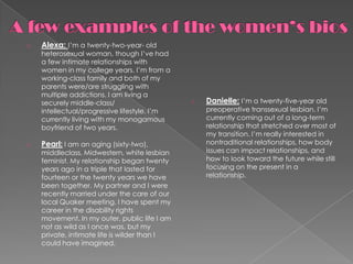o   Alexa: I’m a twenty-two-year- old
    heterosexual woman, though I’ve had
    a few intimate relationships with
    women in my college years. I’m from a
    working-class family and both of my
    parents were/are struggling with
    multiple addictions. I am living a
    securely middle-class/                    o   Danielle: I’m a twenty-five-year old
    intellectual/progressive lifestyle. I’m       preoperative transsexual lesbian. I’m
    currently living with my monogamous           currently coming out of a long-term
    boyfriend of two years.                       relationship that stretched over most of
                                                  my transition. I’m really interested in
o   Pearl: I am an aging (sixty-two),             nontraditional relationships, how body
    middleclass, Midwestern, white lesbian        issues can impact relationships, and
    feminist. My relationship began twenty        how to look toward the future while still
    years ago in a triple that lasted for         focusing on the present in a
    fourteen or the twenty years we have          relationship.
    been together. My partner and I were
    recently married under the care of our
    local Quaker meeting. I have spent my
    career in the disability rights
    movement. In my outer, public life I am
    not as wild as I once was, but my
    private, intimate life is wilder than I
    could have imagined.
 