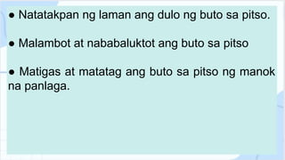 ● Natatakpan ng laman ang dulo ng buto sa pitso.
● Malambot at nababaluktot ang buto sa pitso
● Matigas at matatag ang buto sa pitso ng manok
na panlaga.
 