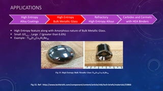 APPLICATIONS
High Entropy
Alloy Coatings
High Entropy
Bulk Metallic Glass
Refractory
High Entropy Alloys
Carbides and Cermets
with HEA Binders
Fig 15. Ref : http://www.techbriefs.com/component/content/article/ntb/tech-briefs/materials/23866
 High Entropy feature along with Amorphous nature of Bulk Metallic Glass.
 Small ∆Hmix , Large ∂ (greater than 6.6%)
 Example : Ti40Zr20Cu5Al5Be30
Fig 15. High Entropy Bulk Metallic Glass Ti40Zr20Cu5Al5Be30
 