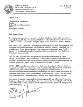Governor Holcomb's Veto Message