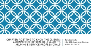 CHAPTER 7:GETTING TO KNOW THE CLIENTS:
A CHAPTER OF SPECIAL RELEVANCE TO
HELPING & SERVICE PROFESSIONALS
Tara Lee Burke
HEA 497-Internship Seminar
March, 15, 2016
 
